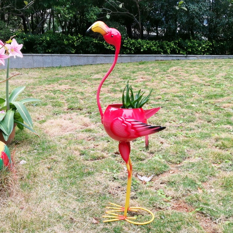 Decoratiune pentru Gradina, Flippy, Flamingo pentru Gradina cu Suport pentru Plante Flori, Ornament de Ghiveci de Flori, Model Flamingo, din Fier, 73 x 34 x 22 cm, Roz - imagine 2