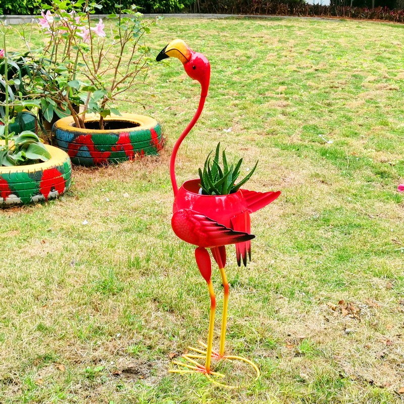 Decoratiune pentru Gradina, Flippy, Flamingo pentru Gradina cu Suport pentru Plante Flori, Ornament de Ghiveci de Flori, Model Flamingo, din Fier, 73 x 34 x 22 cm, Roz - imagine 3