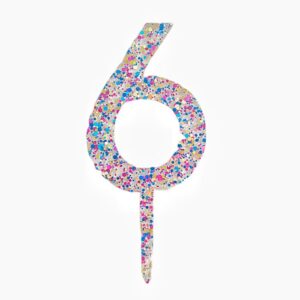 Decoratiune Topper pentru Tort, Flippy, din Acrilic cu Fulgi de Sclipici, Model Cifra 6, Inaltime 18.5 cm, Transparent Multicolor 
