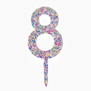Decoratiune Topper pentru Tort, Flippy, din Acrilic cu Fulgi de Sclipici, Model Cifra 8, Inaltime 18.5 cm, Transparent Multicolor 