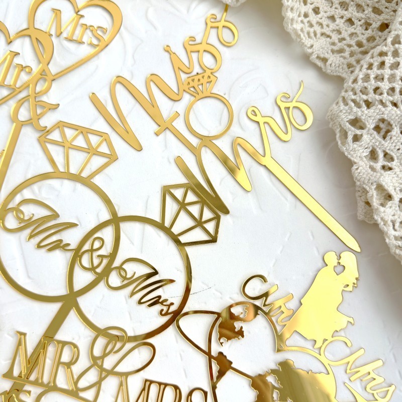 Decoratiune Topper pentru Tort, Flippy, Model Inele Mr&Mrs, Tematica Nunta, 10 cm, Auriu - imagine 3