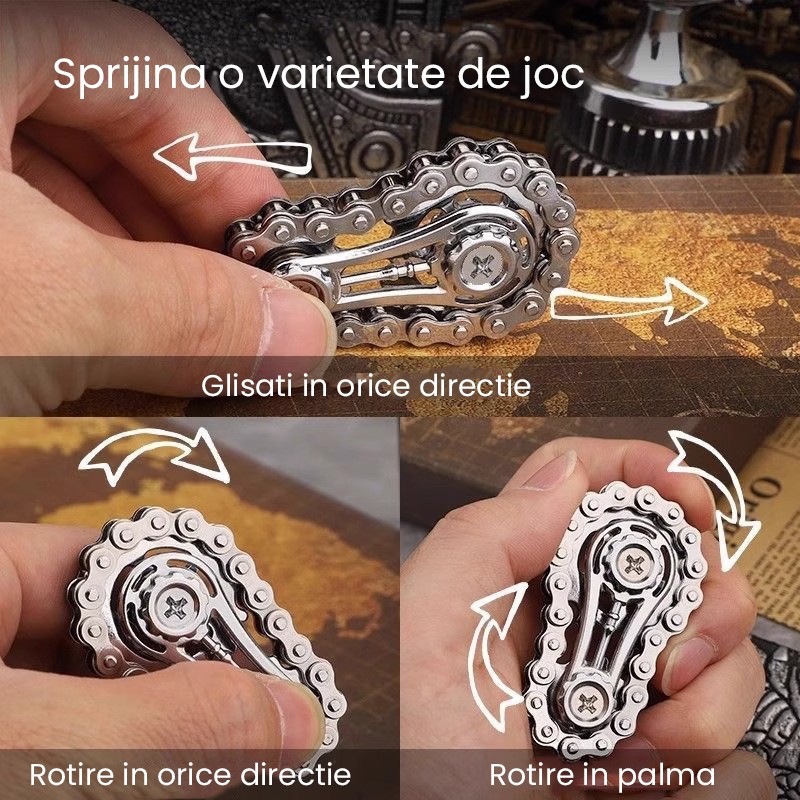 Jucarie Fidget Spinner Premium Anti Stres, Flippy, Giroscop din Aliaj, Jucarie din Metal de decompresie, forma Lant de Angrenaj de Bicicleta, 6 x 3.5 cm, Negru - imagine 3