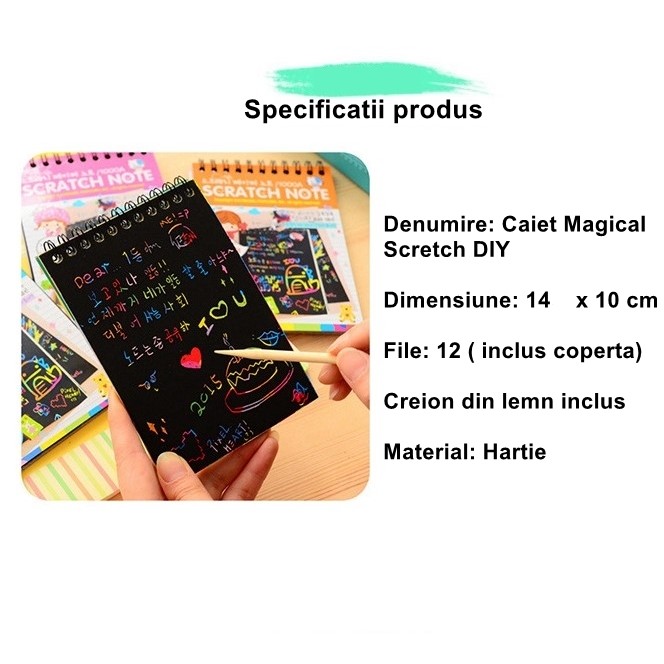 Caiet cu fise razuibile Flippy, DIY Magic Scratch, 12 File, Curcubeu, Creion din Lemn, Cartonase negre, 14 x 10 cm, galben - imagine 2