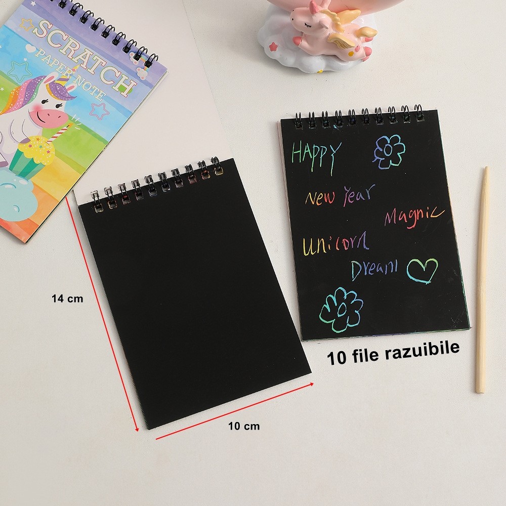 Caiet cu fise razuibile Flippy, DIY Magic Scratch, 12 File, Curcubeu, Creion din Lemn, Cartonase negre, 14 x 10 cm, galben - imagine 4