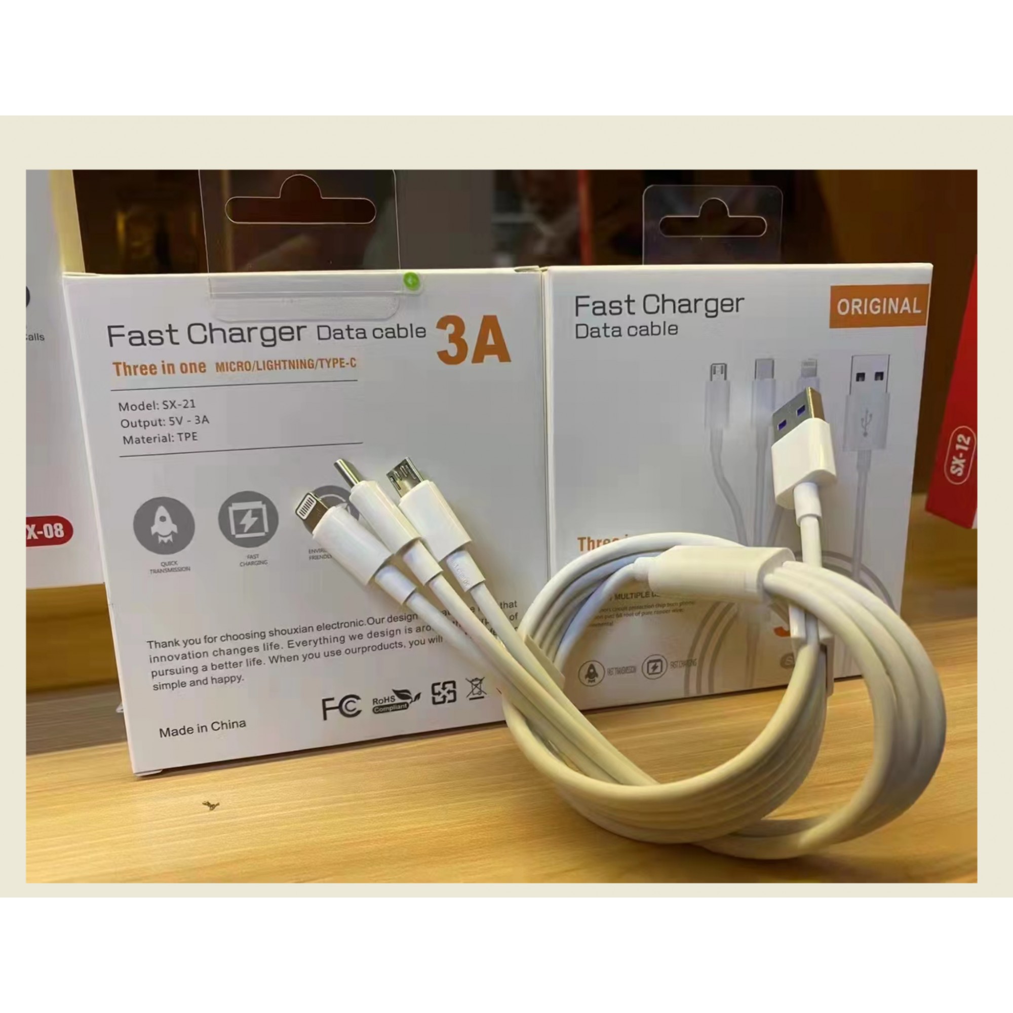 Cablu USB 3in1 Flippy SX - 21, USB la micro USB/USB-C/compatibil iphone, 3A, 1.2m (alb) - imagine 3