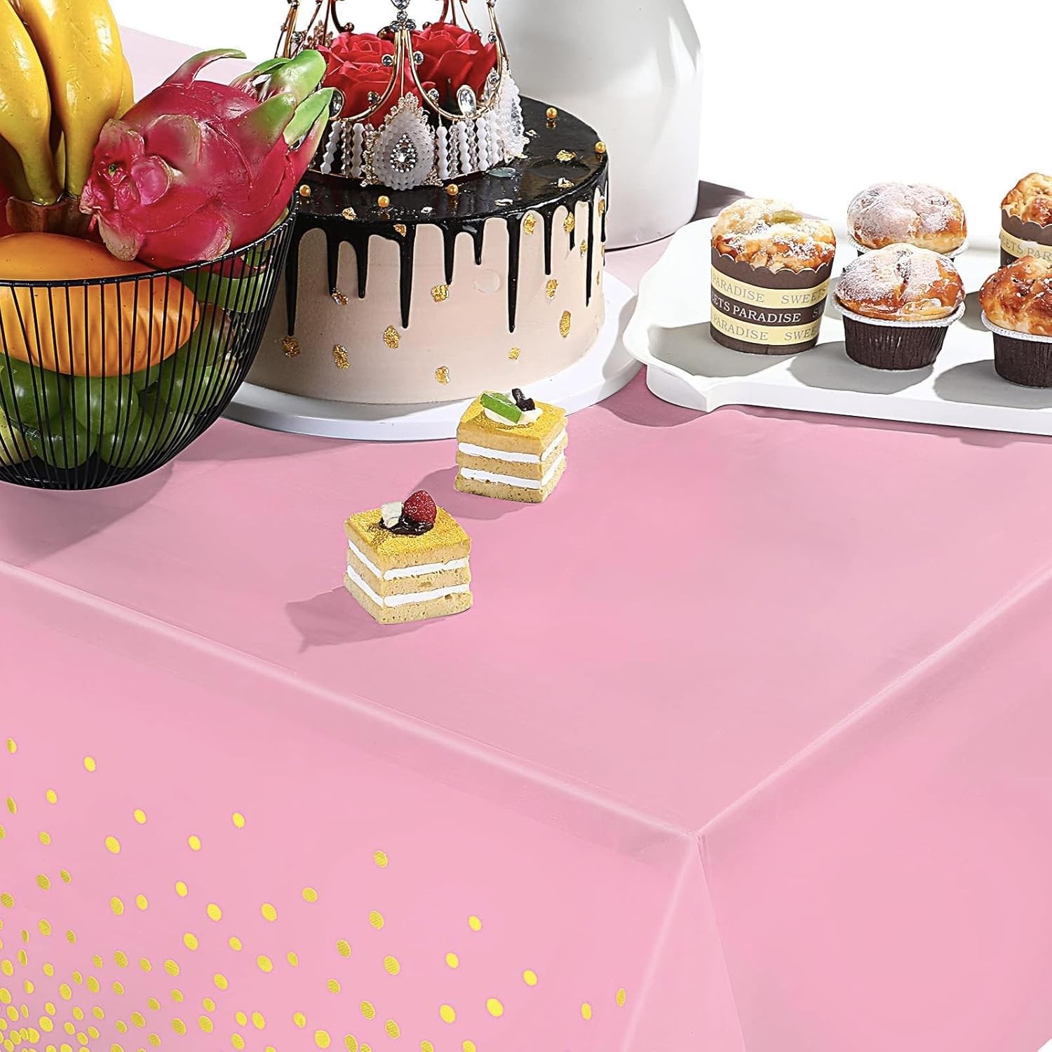 Fata de Masa, Flippy, din PEVA, Imprimeu Buline Aurii, 137 x 274 cm, Impermeabila, Fara Pete, Curatare Rapida, Roz - imagine 3