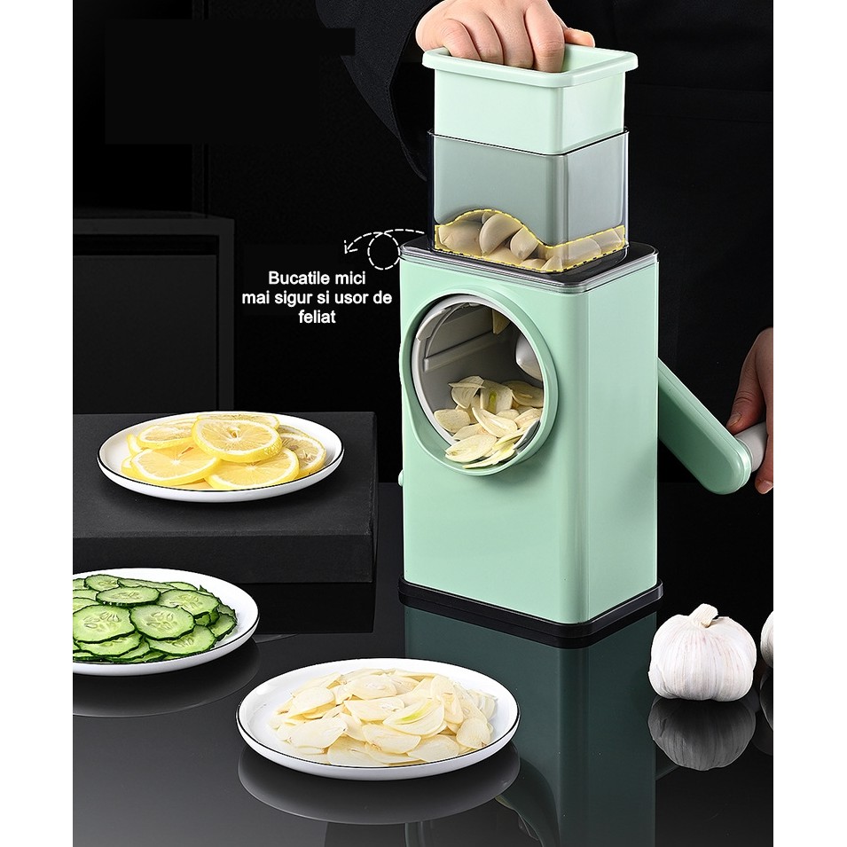 Feliator manual pentru legume Flippy, 3 lame din otel inxodabil, 3 tipuri de feliere, material carcasa ABS, latime maxima feliere 4 mm, baza de tip ventuza, usor si sigur de utilizat, 28.5 x 9,2 x 13.5 cm, verde - imagine 2