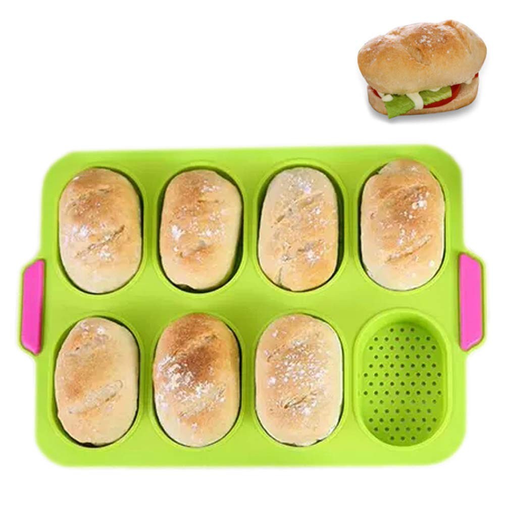 Forme de Silicon pentru Copt, Flippy, 8 Forme Ovale, pentru Paine si Prajituri, 34.5 x 23.8 x 2.5 cm, Verde/Roz - imagine 3