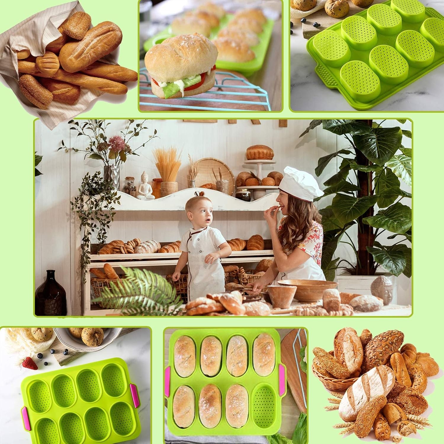 Forme de Silicon pentru Copt, Flippy, 8 Forme Ovale, pentru Paine si Prajituri, 34.5 x 23.8 x 2.5 cm, Verde/Roz - imagine 4