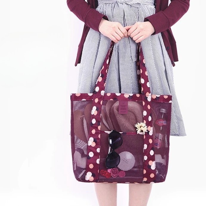 Geanta de Plaja, Flippy, din Plasa Transparenta, Imprimeu Floral, 43 x 10 x 33 cm, Model pentru Umar, Lungime Inferioara 33 cm, Burgundy - imagine 2