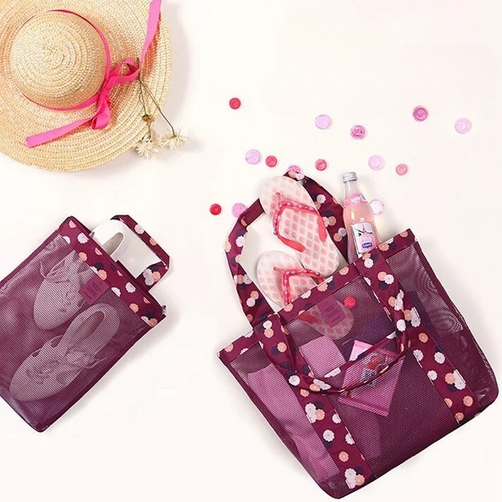 Geanta de Plaja, Flippy, din Plasa Transparenta, Imprimeu Floral, 43 x 10 x 33 cm, Model pentru Umar, Lungime Inferioara 33 cm, Burgundy - imagine 3