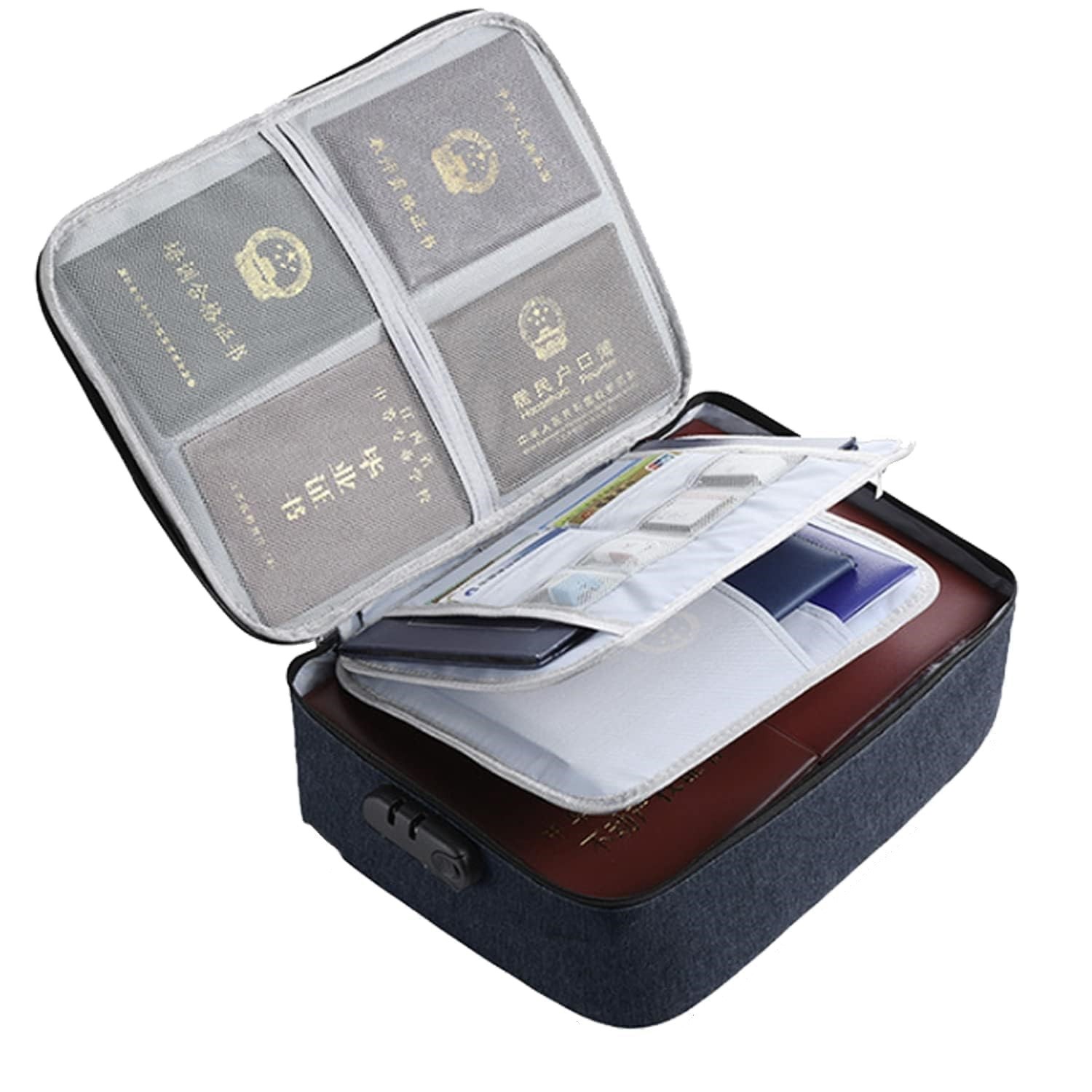 Geanta Flippy pentru Depozitare Acte si Documente, Facturi, Carduri, cu Cod de Securitate, 2 Compartimente, Impermeabila, 37 x 10.5 x 27 cm, Albastru Marin - imagine 2