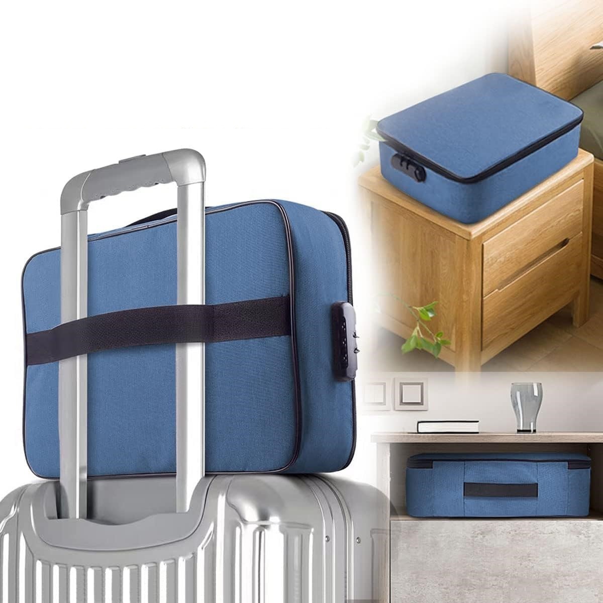 Geanta Flippy pentru Depozitare Acte si Documente, Facturi, Carduri, cu Cod de Securitate, 2 Compartimente, Impermeabila, 37 x 10.5 x 27 cm, Albastru Marin - imagine 3