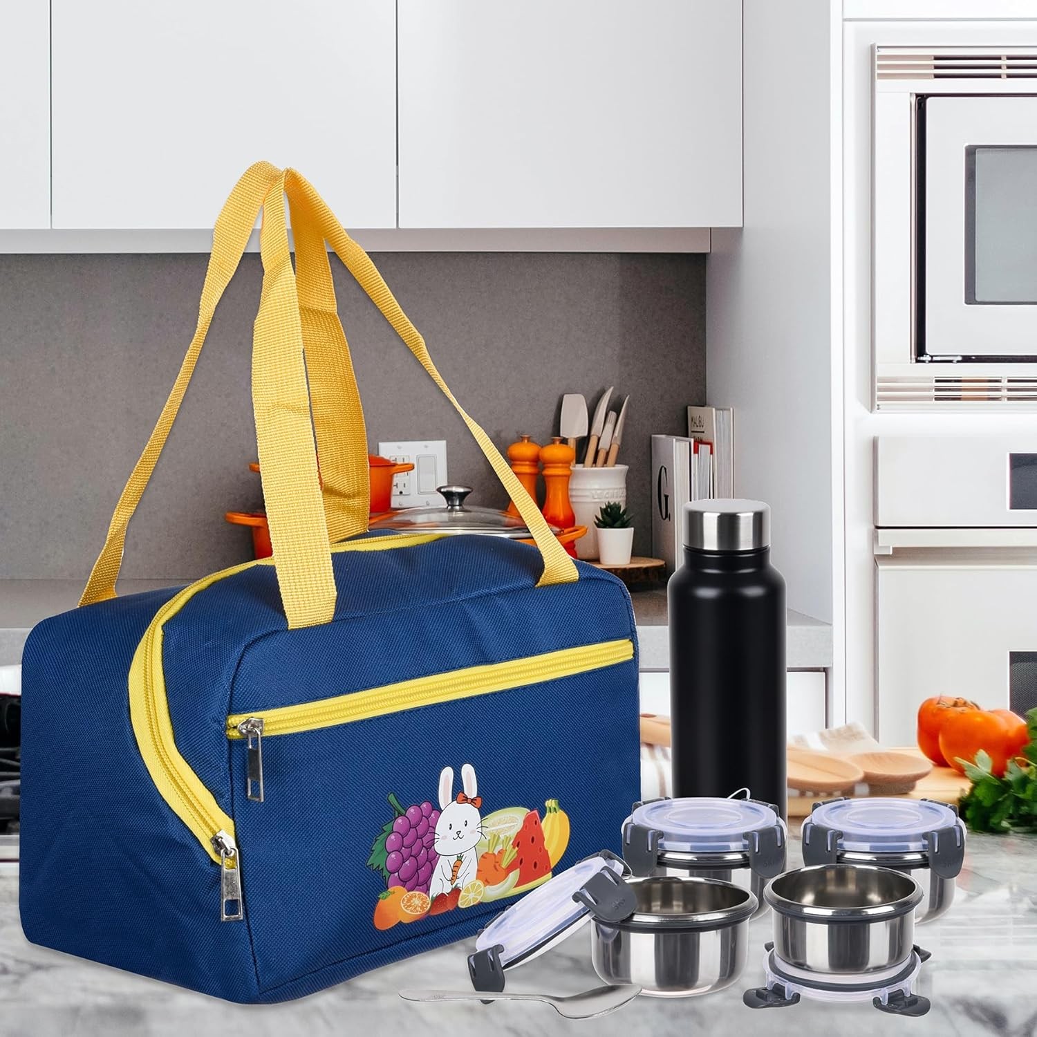 Geanta Termo-Izolanta, Flippy, Compartimente Telefon si Tacamuri, Multifunctionala, Impermeabila, 30x21x20 cm, Design Iepuras, Albastru - imagine 4