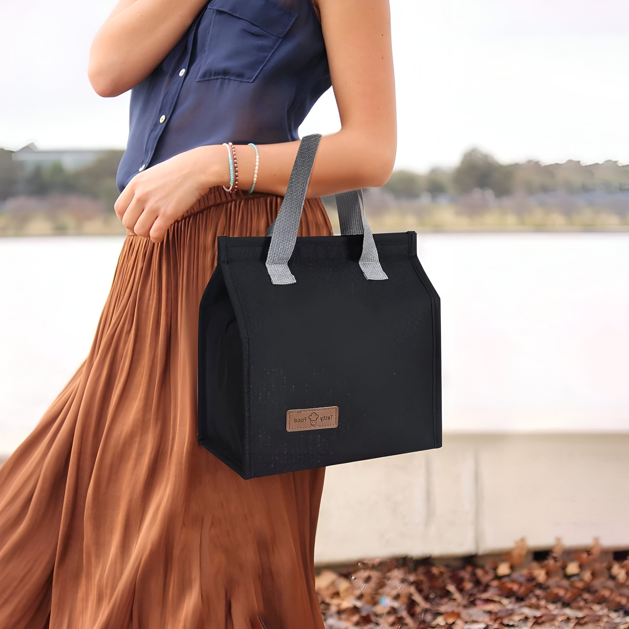 Geanta Termoizolanta Tip Bento Bag Flippy, Camping Cooler, Aluminiu, 22.5x13x25,5 cm, 3.3 L, Negru - imagine 4