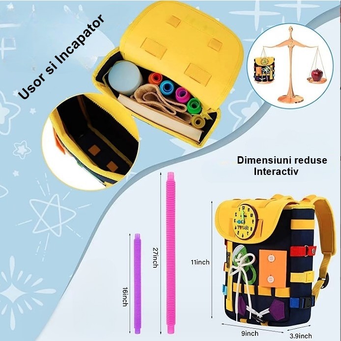 Ghiozdan Montessori, Flippy, pentru Copii 2-6 ani, Fidget Pop, cu Catarame si Fermoare, Jucarii Senzoriale, Activitate de Invatare prin Joc, Albastru Marin, 0.25 kg, 28x10x23 cm - imagine 3