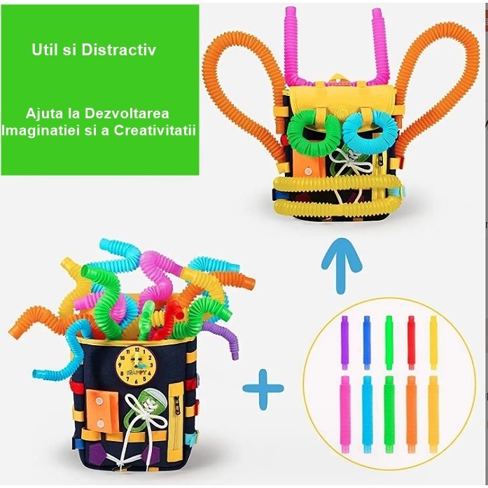 Ghiozdan Montessori, Flippy, pentru Copii 2-6 ani, Fidget Pop, cu Catarame si Fermoare, Jucarii Senzoriale, Activitate de Invatare prin Joc, Albastru Marin, 0.25 kg, 28x10x23 cm - imagine 4