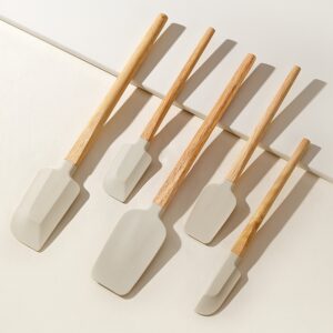 Set 5 Ustensile de Bucatarie, Flippy, din Silicon si Lemn, Spatule de Diferite Dimensiuni, Termorezistente, Antiaderente, Bej-Maro