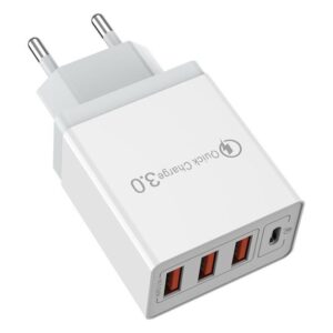 Incarcator Fast Charge pentru Telefon 32W, Flippy, Incarcator Quick Charge cu 3 Porturi USB-A 3.1A & 1 USB-C, Power Delivery 32W, Cap Standard European, Alb