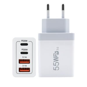Incarcator Fast Charge pentru Telefon 55W, Flippy, Incarcator Quick Charge cu 2 Porturi USB-A 3.1A & 2 Porturi USB-C, Power Delivery 55W, Cap Standard European, Alb