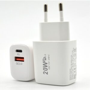 Incarcator Fast Charging pentru Telefon, Flippy, Dual Port USB-A si USB-C cu Cap de Incarcare Standard European, Power Delivery 20W Q.C 3.0, Alb