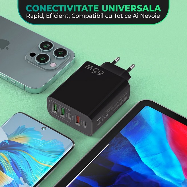 Incarcator Retea, Flippy, 5 Porturi, 65W Fast Charge, 3 x USB, 2 x Type-C, Universal Compatibil iPhone, Huawei, Samsung, Xiaomi, Negru - imagine 4
