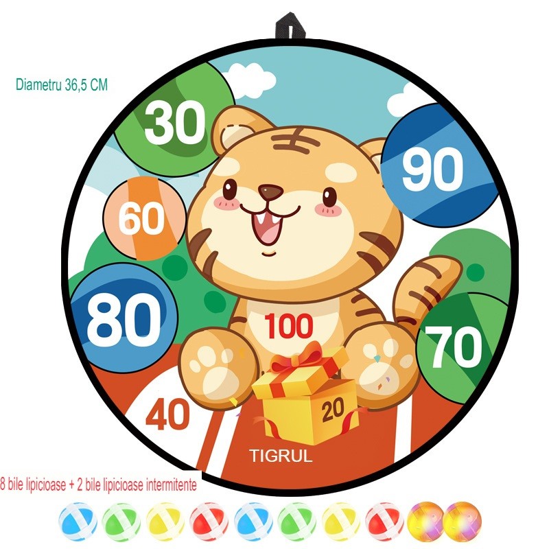 Joc Darts Flippy pentru Copii, Placa Pliabila 36.5 cm, 8 Mingii Velcro/Scai Simple, 2 Mingii Luminoase, Model Tigru, Portocaliu - imagine 3