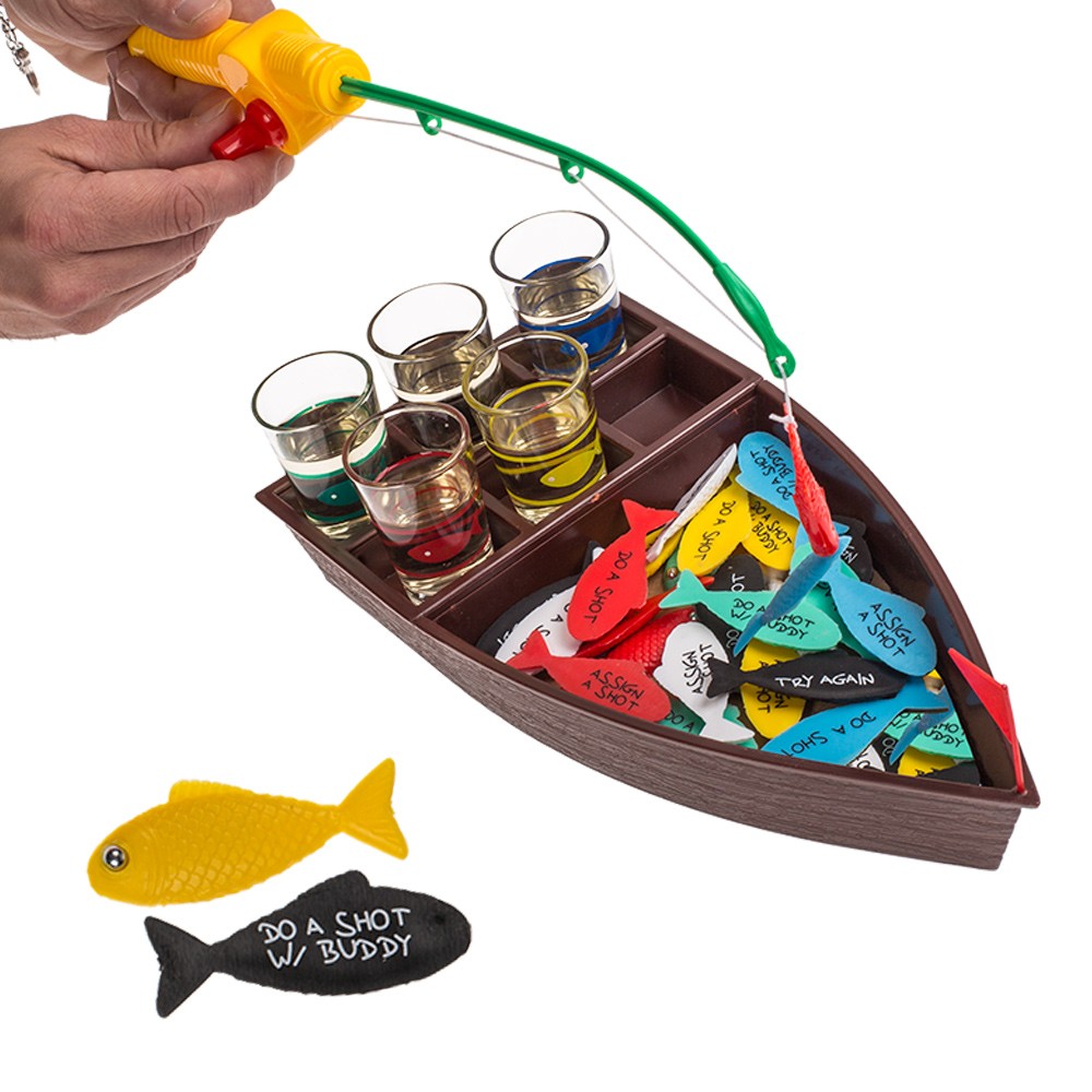 Joc de baut, La pescuit, Flippy, arunca undita si prinde provocarea, pahare de shot din sticla, pentru petreceri, distractiv, 31 x 15 x 5 cm, multicolor