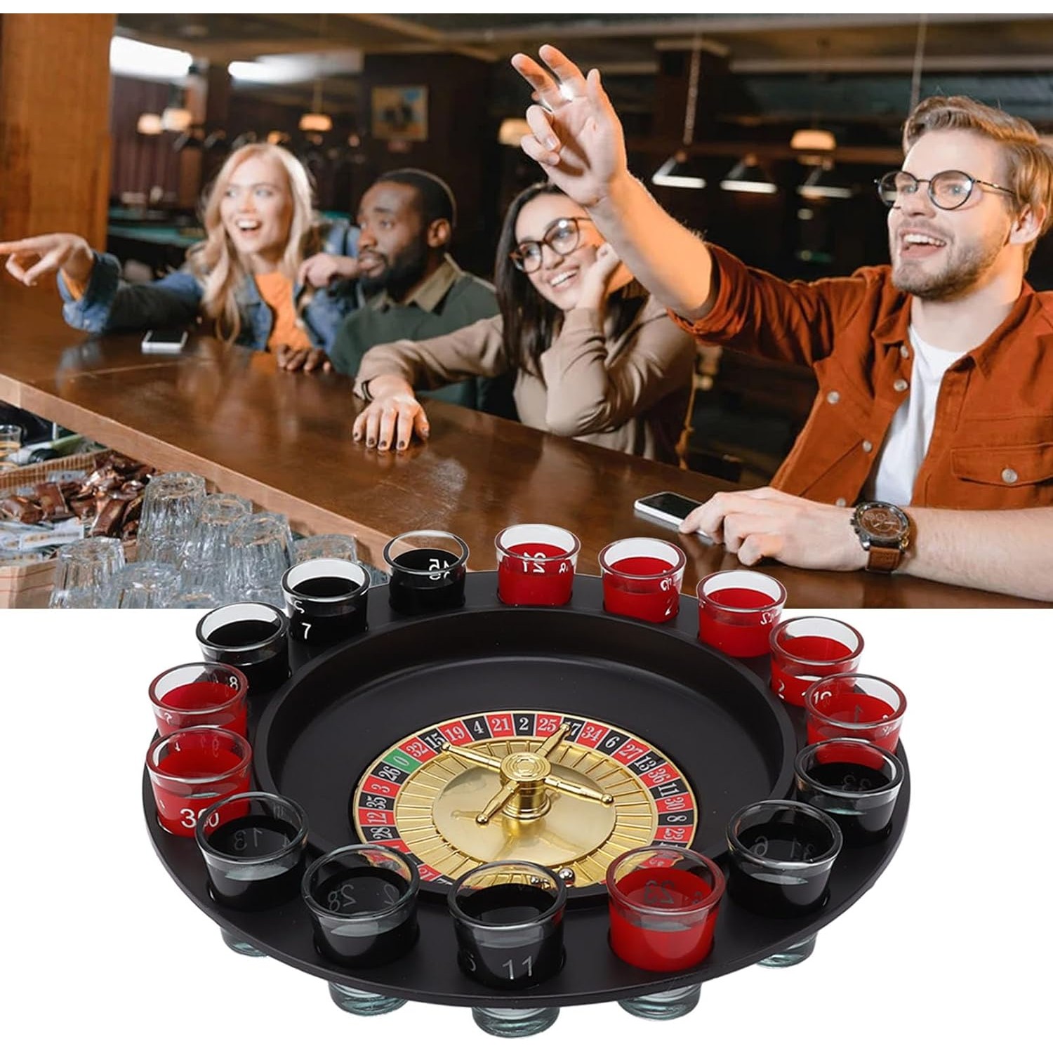 Joc de Baut Ruleta cu Pahare de Shot Flippy, 30 cm, Rosu/Negru - imagine 3