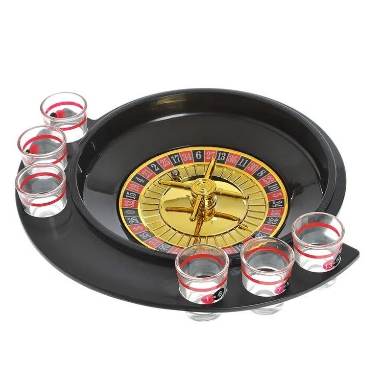 Joc de Baut Ruleta Flippy, cu 6 Pahare de Shot din Sticla , 30 x 26.5 x 6.5 cm, Rosu/Negru - imagine 2