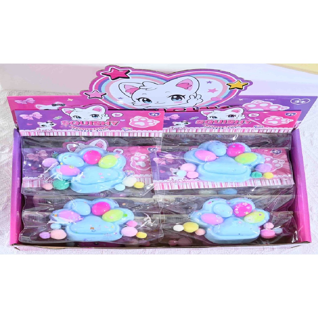 Jucarie Antistres Squishy, Flippy, cu Revenire Lenta, Labuta de Pisica Pufoasa, 7.5 cm, Ambalaj Transparent, Model 270510, Multicolor