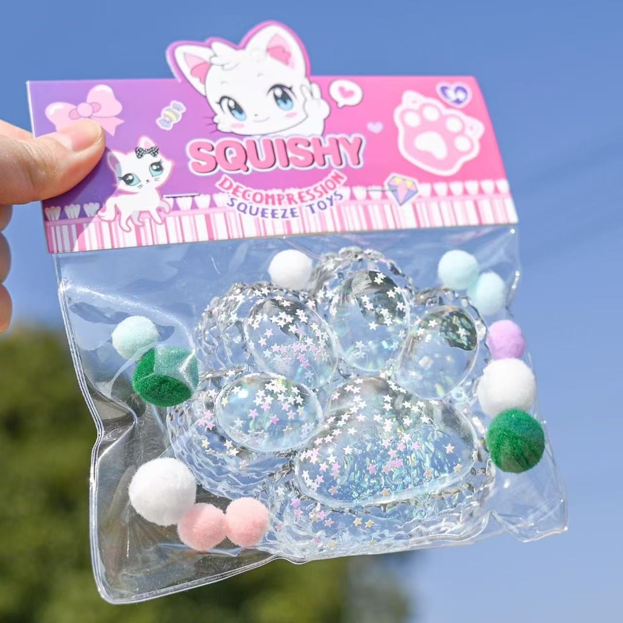 Jucarie Antistres Squishy, Flippy, cu Revenire Lenta, Model Labuta de Pisica Pufoasa, 12.5x10.5 cm, 220g, Squeeze Pinch Family, Albastru Transparent - imagine 2