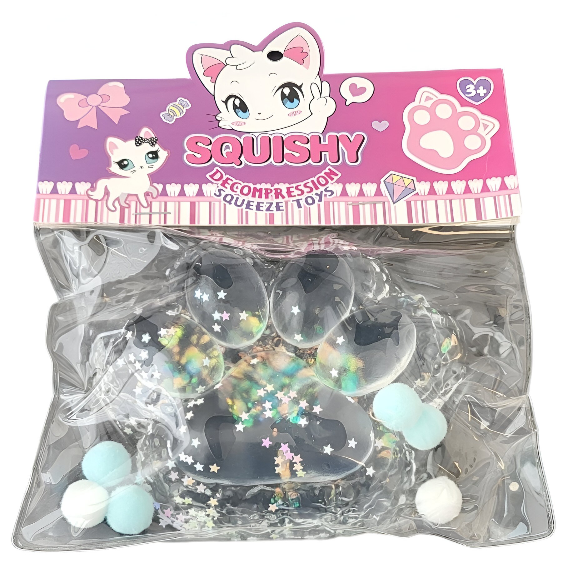 Jucarie Antistres Squishy, Flippy, cu Revenire Lenta, Model Labuta de Pisica Pufoasa, 12.5x10.5 cm, 220g, Squeeze Pinch Family, Albastru Transparent