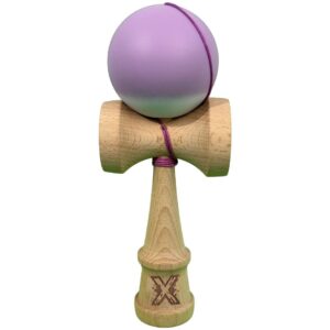 Kendama X Originala, Profesionala, Flippy, din Lemn cu Bila Cauciucata, 18 x 6 x 7 cm, Gradient Mov/Alb