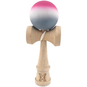 Jucarie Interactiva Kendama X Profesionala, Flippy, din Lemn, Rubber Grip, 18 cm, Roz/Alb/Gri