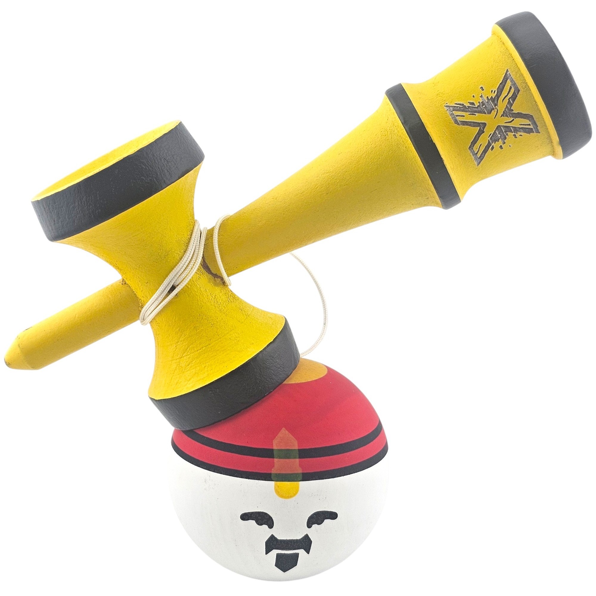 Kendama X Originala, Profesionala, Model Rege, Flippy, din Lemn, 18 cm, Model Bicolor cu Maner Galben, Rosu Alb - imagine 3