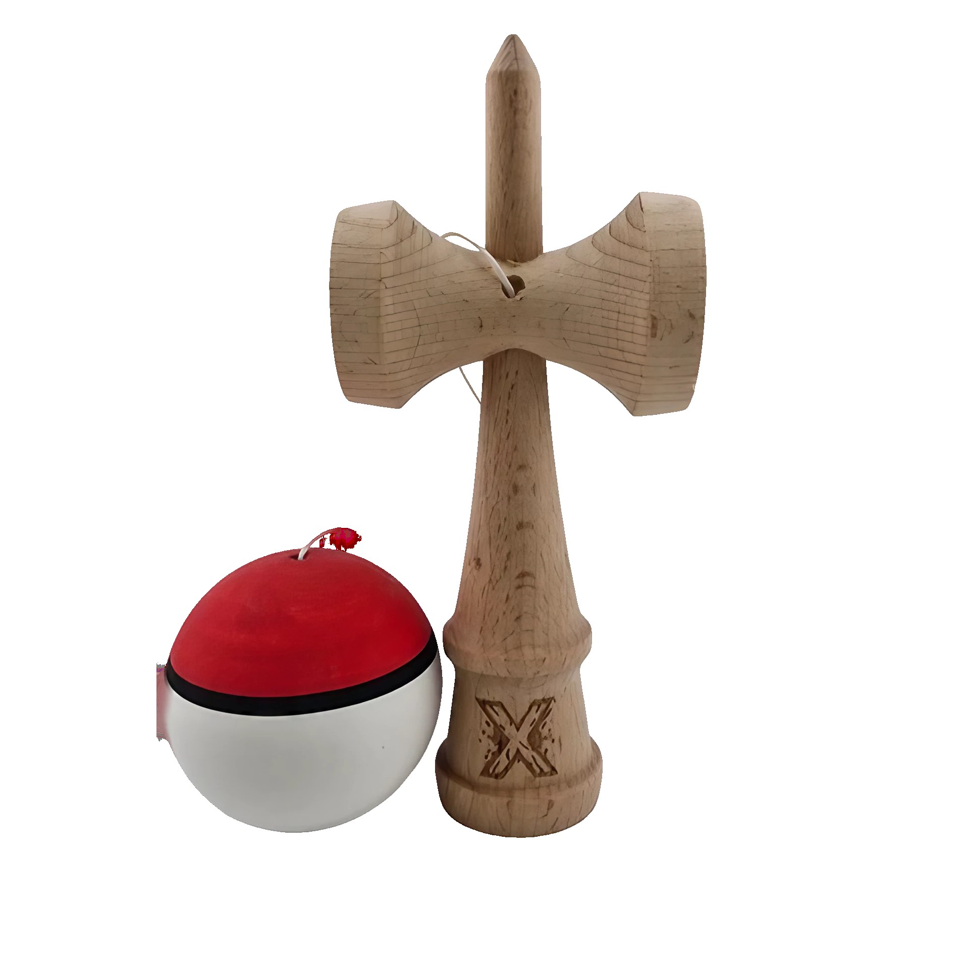 Kendama X Originala, Profesionala, Flippy, din Lemn, Rubber Grip, 18 cm, Rosu/Alb - imagine 3