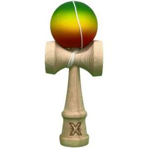 Kendama X Originala, Profesionala, Flippy, din Lemn cu Bila Cauciucata, 18 cm, Gradient Verde/Galben/Rosu