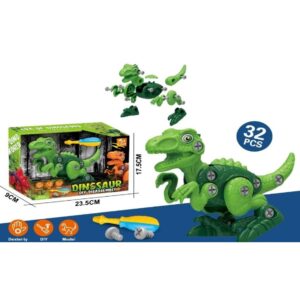 Jucarie pentru copii DIY 32 de piese dinozaur, asamblare si dezasamblare, interactiv, distractiv, accesorii incluse, cu surubelnita, + 3 ani, verde