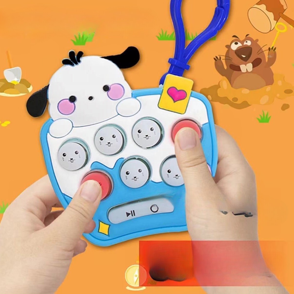 Jucarie pentru copii portabila Flippy, joc Gopher, cu lumini si muzica, tip breloc, model catelus, material silicon si ABS, bleu - imagine 3