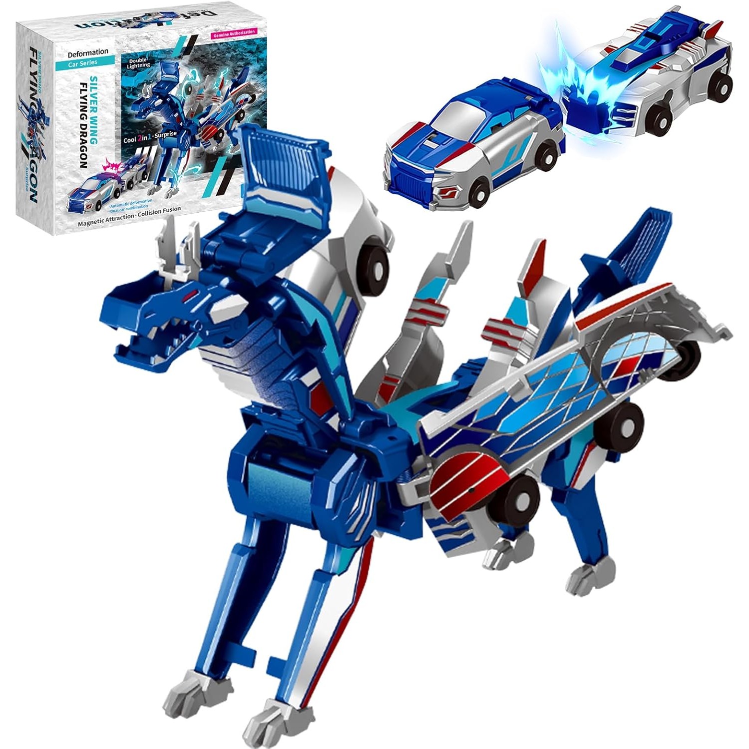 Jucarie Transformabila 2in1, Flippy, Silver Wing Flying Dragon, Masina/Dragon, Atractie Magnetica, +6 Ani, din ABS, Albastru - imagine 2