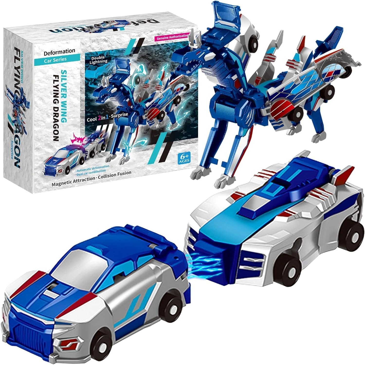 Jucarie Transformabila 2in1, Flippy, Silver Wing Flying Dragon, Masina/Dragon, Atractie Magnetica, +6 Ani, din ABS, Albastru