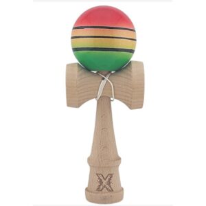 Kendama X Originala, Profesionala, Flippy, Super Sticky cu Cupe Mari KING SIZE V3, Gaura in Baza, Rulment Metalic, din lemn 18 cm, Ata 62/65 cm, Special Rosu/Verde