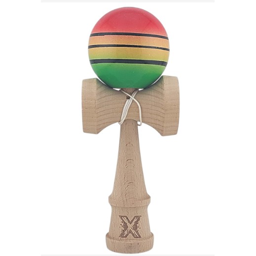 Kendama X Originala, Profesionala, Flippy, Super Sticky cu Cupe Mari KING SIZE V3, Gaura in Baza, Rulment Metalic, din lemn 18 cm, Ata 62/65 cm, Special Rosu/Verde