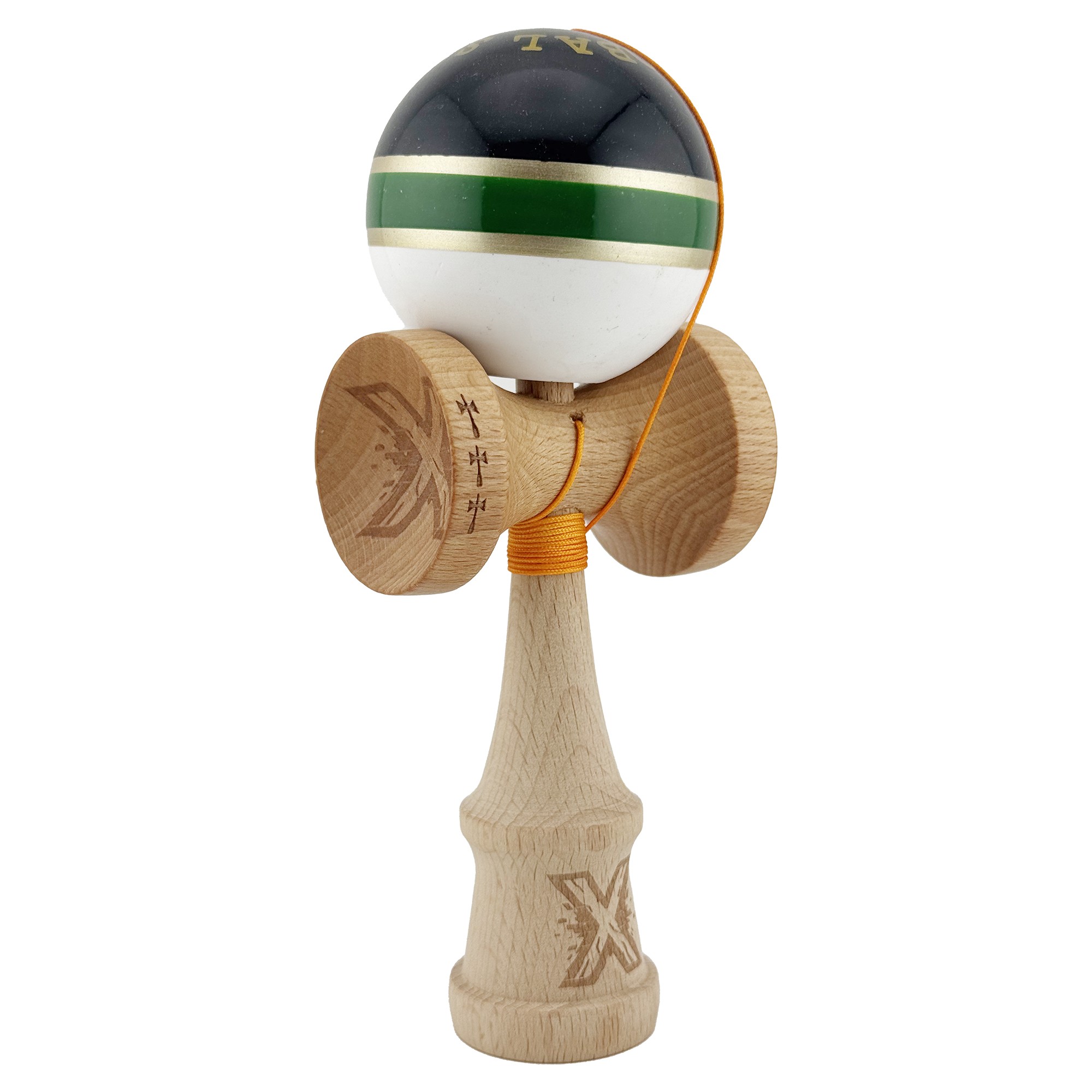 Kendama X ROYAL SPIKE Originala, Profesionala, Flippy, Big Cups V2, Super Sticky cu Cupe Mari, Rulment Metalic, din lemn 18 cm, Ata 55 cm, Negru/Verde Gold/Alb - imagine 2