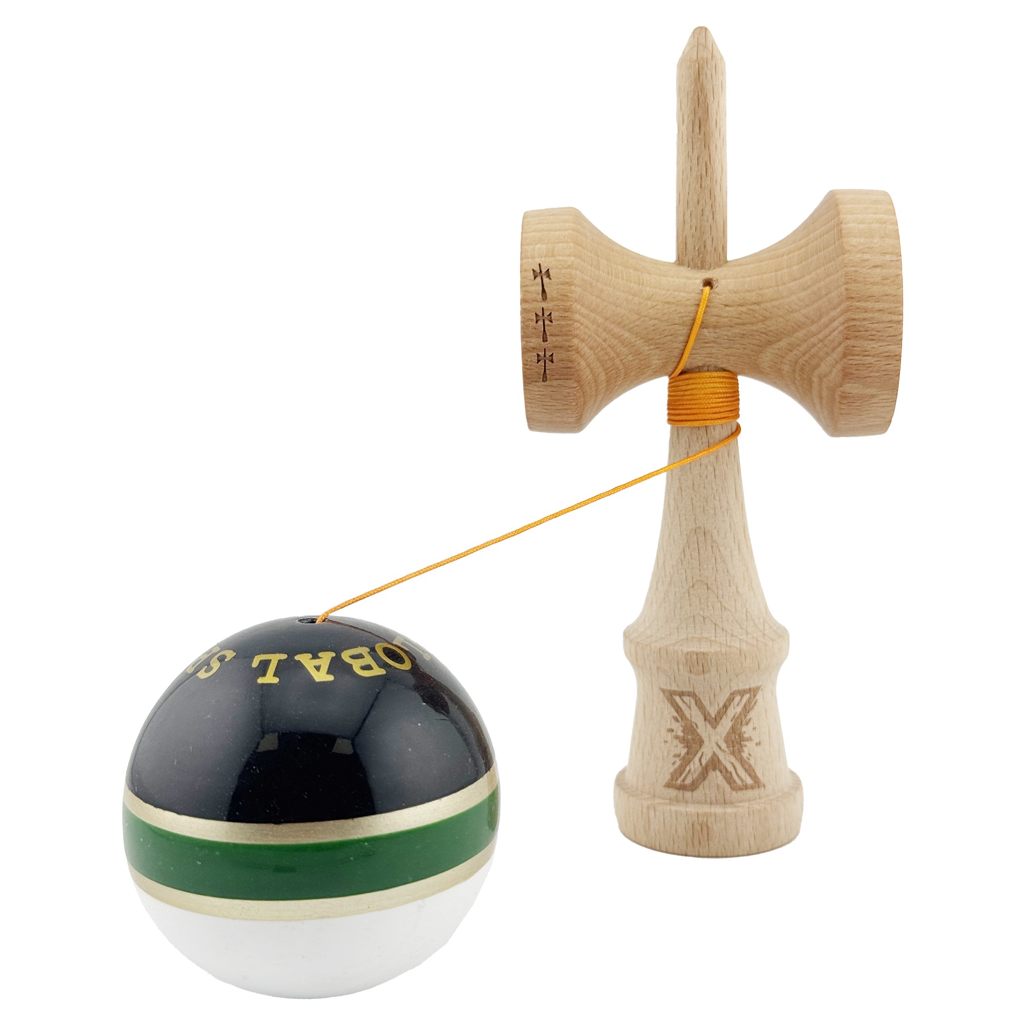 Kendama X ROYAL SPIKE Originala, Profesionala, Flippy, Big Cups V2, Super Sticky cu Cupe Mari, Rulment Metalic, din lemn 18 cm, Ata 55 cm, Negru/Verde Gold/Alb - imagine 3