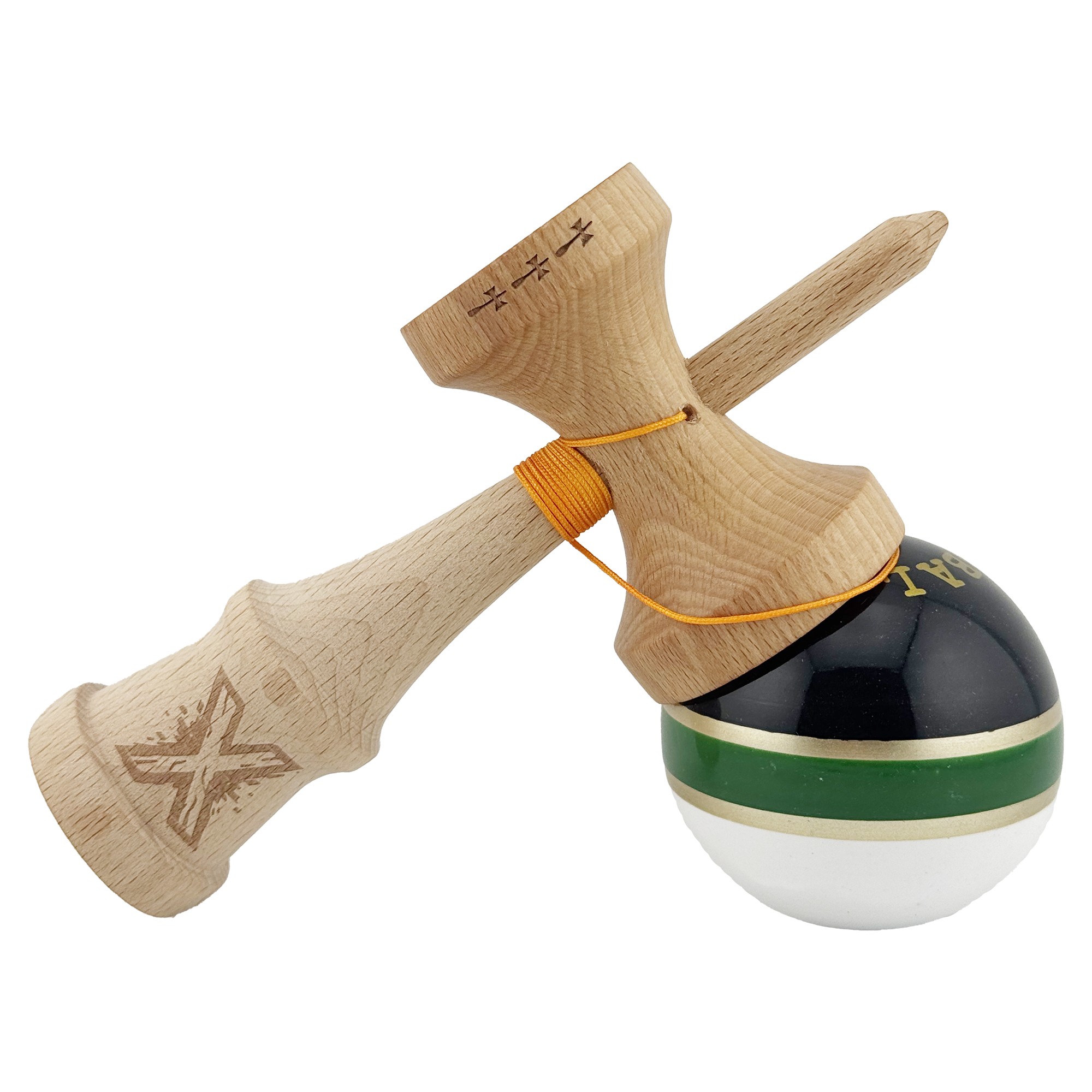 Kendama X ROYAL SPIKE Originala, Profesionala, Flippy, Big Cups V2, Super Sticky cu Cupe Mari, Rulment Metalic, din lemn 18 cm, Ata 55 cm, Negru/Verde Gold/Alb - imagine 4