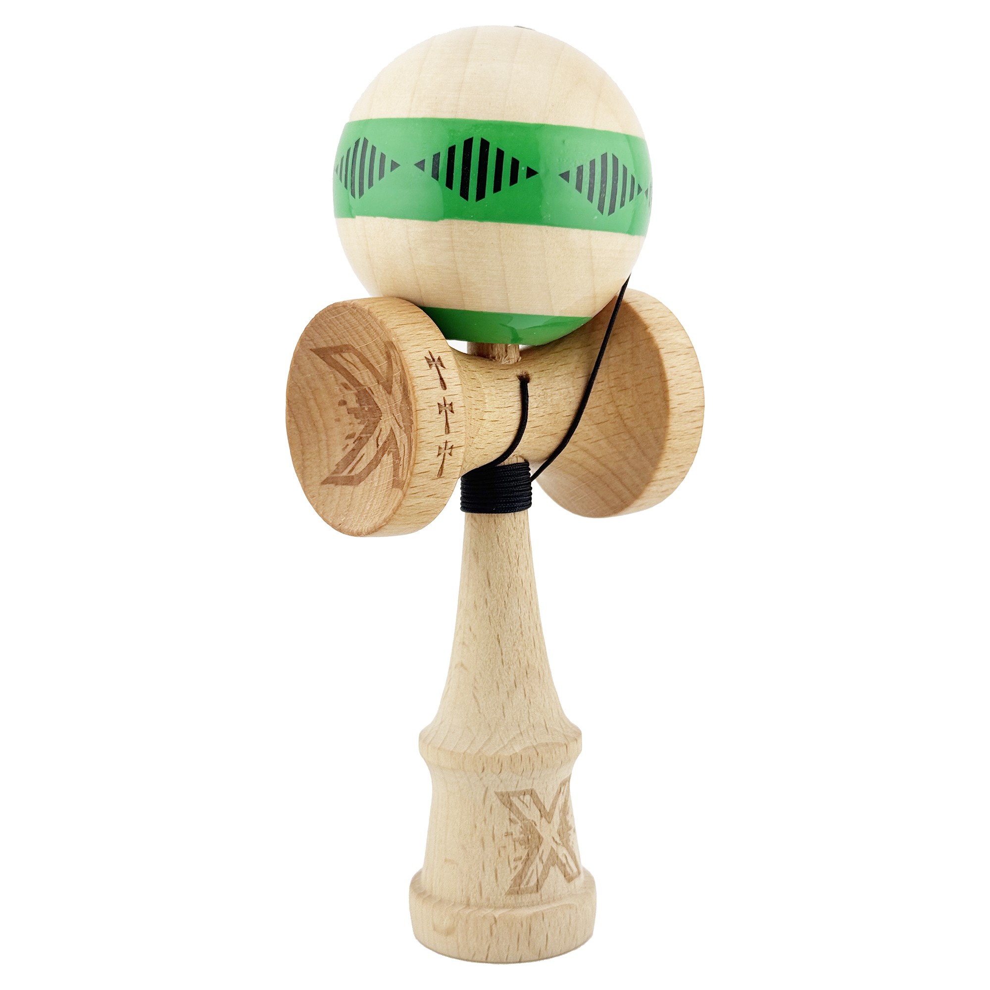 Kendama X FREQUENCY Originala, Profesionala, Flippy, Big Cups V2, Super Sticky cu Cupe Mari, Rulment Metalic, din lemn 18 cm, Ata 55 cm, Verde/Maro - imagine 2