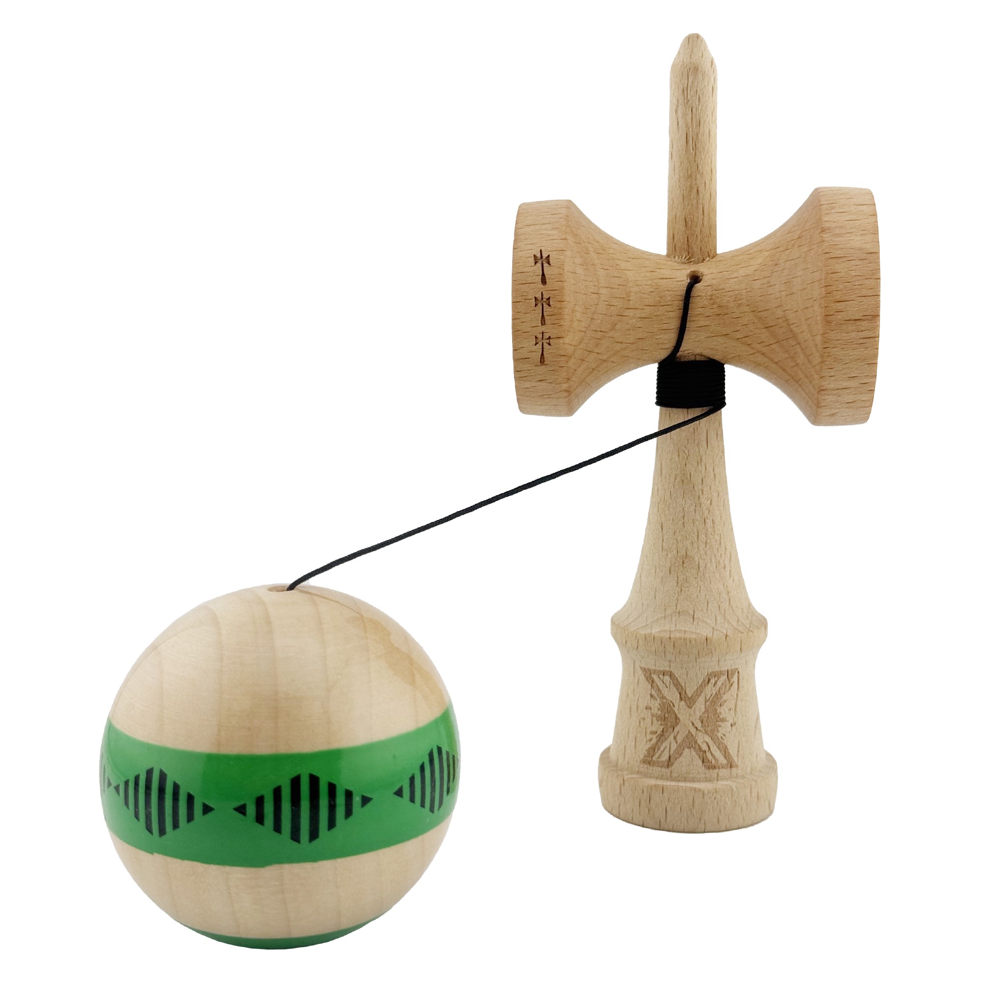Kendama X FREQUENCY Originala, Profesionala, Flippy, Big Cups V2, Super Sticky cu Cupe Mari, Rulment Metalic, din lemn 18 cm, Ata 55 cm, Verde/Maro - imagine 3