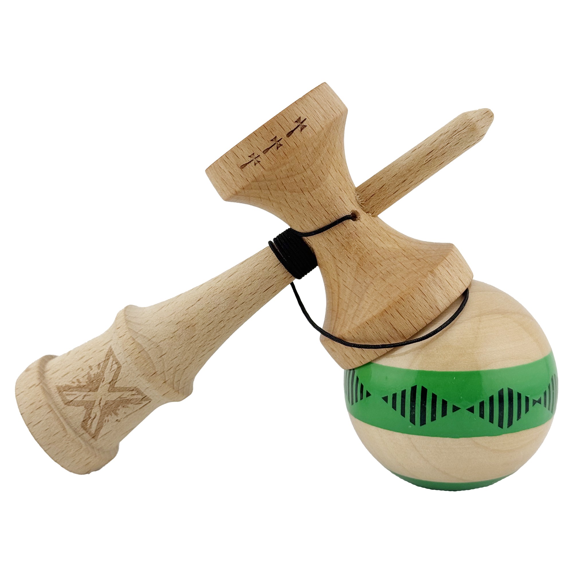 Kendama X FREQUENCY Originala, Profesionala, Flippy, Big Cups V2, Super Sticky cu Cupe Mari, Rulment Metalic, din lemn 18 cm, Ata 55 cm, Verde/Maro - imagine 4